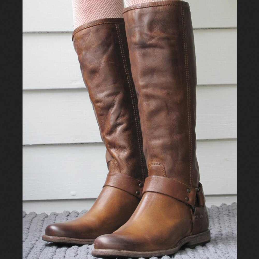 FRYE 76850 Phillip Harness Tall Vintage Leather Back-Zip Boots 8.5B